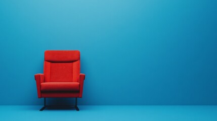 A red armchair against a bright blue wall, creating a modern, minimalist aesthetic.
