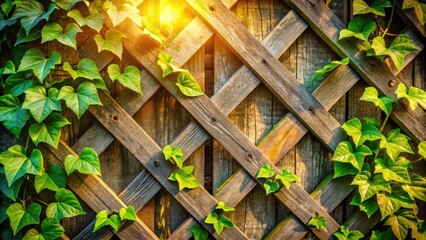 Sunlight filtering through a lattice of wooden beams, illuminating lush green ivy