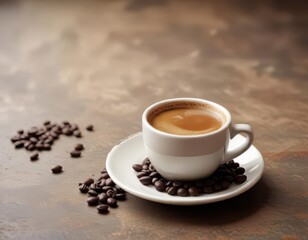 Fototapeta premium Single shot espresso, coffee beans beside ceramic cup on antique surface , brown, close up, product photography