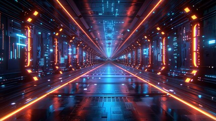 Fototapeta premium Futuristic neon-lit corridor with glowing lines and technological details.