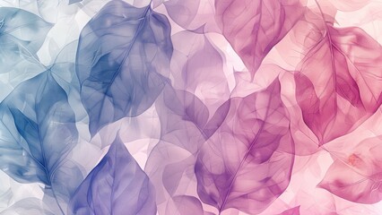 Obraz premium Seamless Pattern of Pastel Leaves in Soft Pink, Purple, and Blue with Translucent Layers on Textured Off-White Background