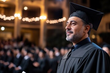 Fototapeta premium A proud graduate reflects on their educational journey during a graduation ceremony, projecting hope and positivity for the future amidst a gathered crowd.