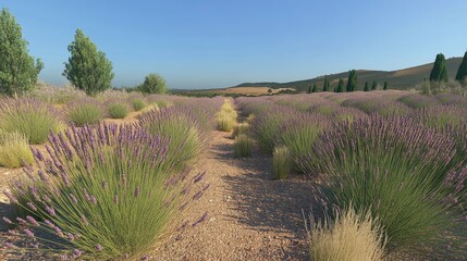Fototapeta premium A serene lavender field under a clear sky, showcasing nature's beauty and tranquility.