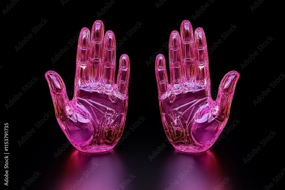 Poster a 3d-rendered pair of hands sculpted in crystal-clear glass, with light refracting through them to c
