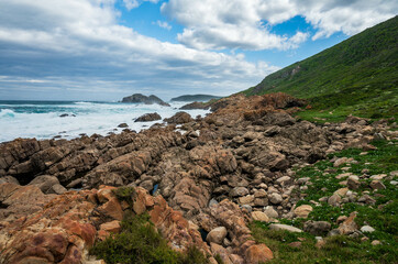 A rocky and majestic shore at Robberg nature reserve along the Garden route, Plettenberg Bay, Western Cape province, South Africa, Africa
