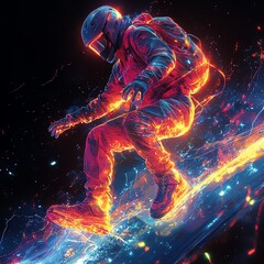 A vibrant astronaut skateboards through a cosmic landscape, surrounded by colorful energy and light.
