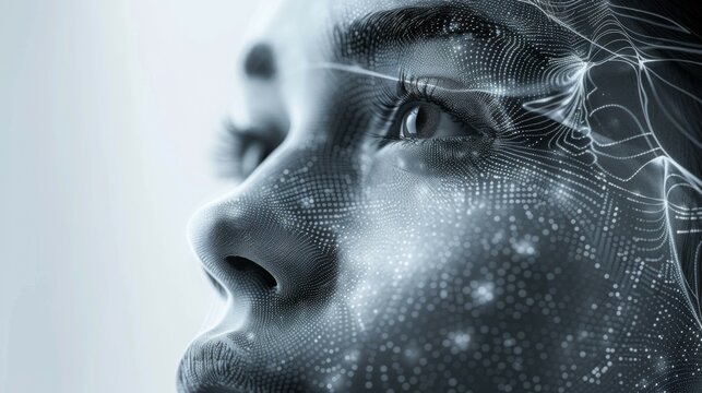 Algorithmic Aura, Explore the concept of digital identity by portraying a human face with an aura of algorithmic patterns