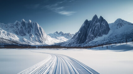 snow mountains background and snow road with tire tracks