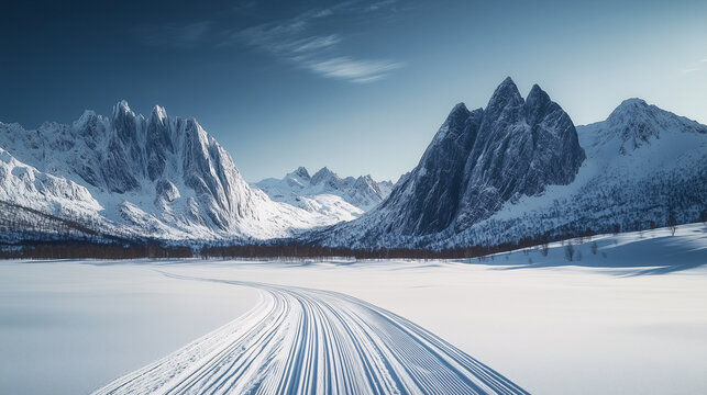 snow mountains background and snow road with tire tracks