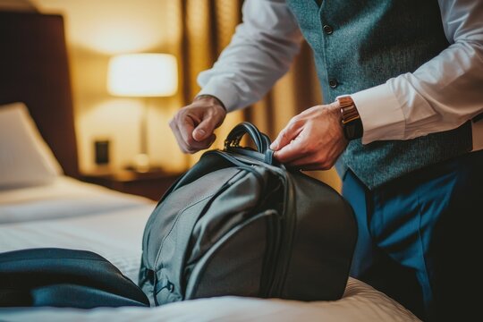 A man is getting ready to leave and is pulling out his bag