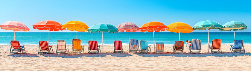 Beach Vacation, Colorful Umbrellas and Chairs on Sandy Shore