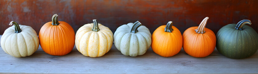 Autumn Harvest, Colorful Pumpkins Arranged on Rustic Wooden Surface