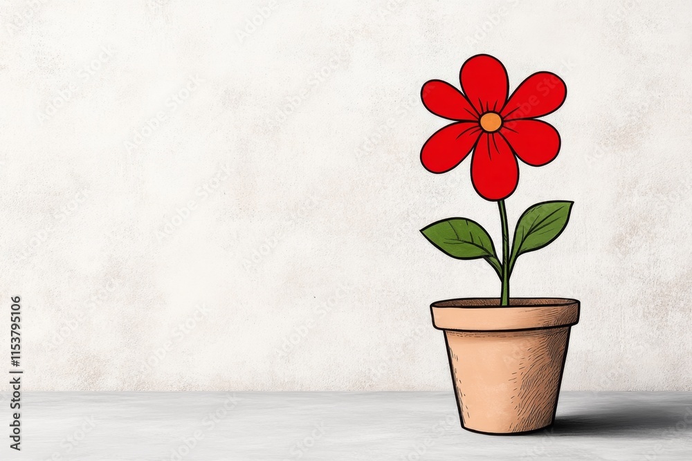 Poster a charming hand-drawn illustration of a heart-shaped flower growing from a small pot, sketched in si