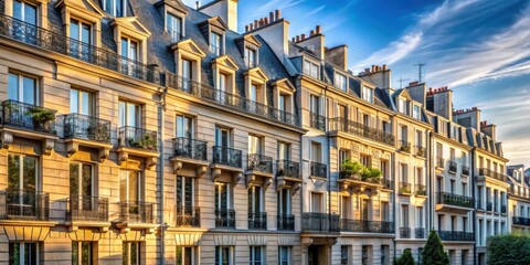A row of classic Parisian apartment buildings with intricate wrought iron balconies bathed in the warm glow of the setting sun