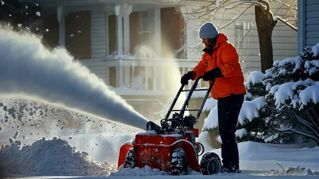Man using snowblower to clear deep winter snow in residential area