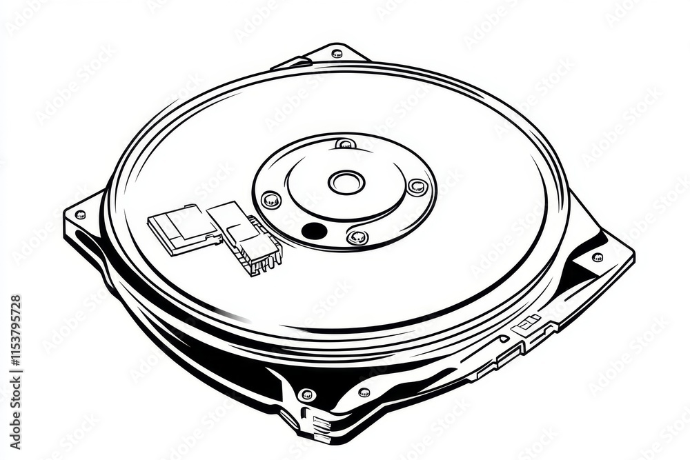 Poster a clean flat design of an hdd icon with simplified connectors and platter, drawn in a modern monochr