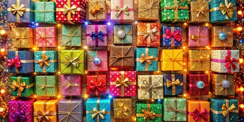 A Festive Arrangement of Wrapped Gifts Decorated with Glitter and Ribbons, Illuminated by Sparkling Fairy Lights