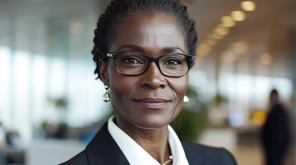 Professional female CEO with glasses in modern office environment, exuding confidence and leadership. bright background suggests collaborative workspace