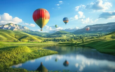 Fototapeta premium A peaceful meadow with green hills, hot air balloons soaring above, and a tranquil pond adding to the landscape's charm. 