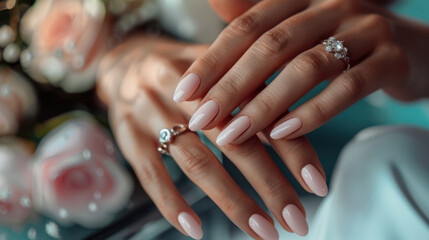 Elegant manicured nails with soft pink polish, adorned with rings, resting on table surrounded by flowers. composition exudes sense of beauty and sophistication