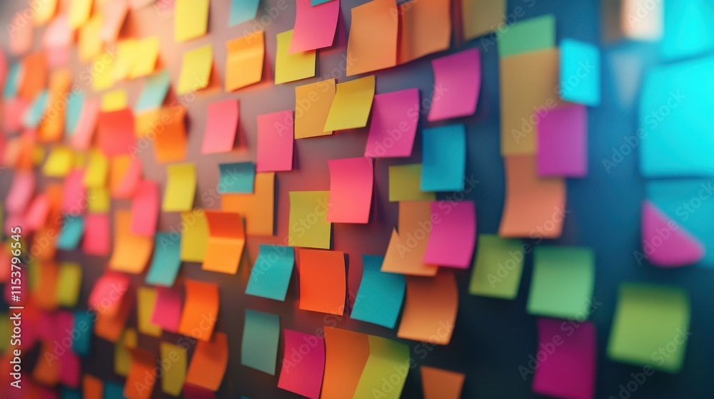 Poster brainstorming session, using sticky notes on a task board (kanban) to organize ideas and workflow in