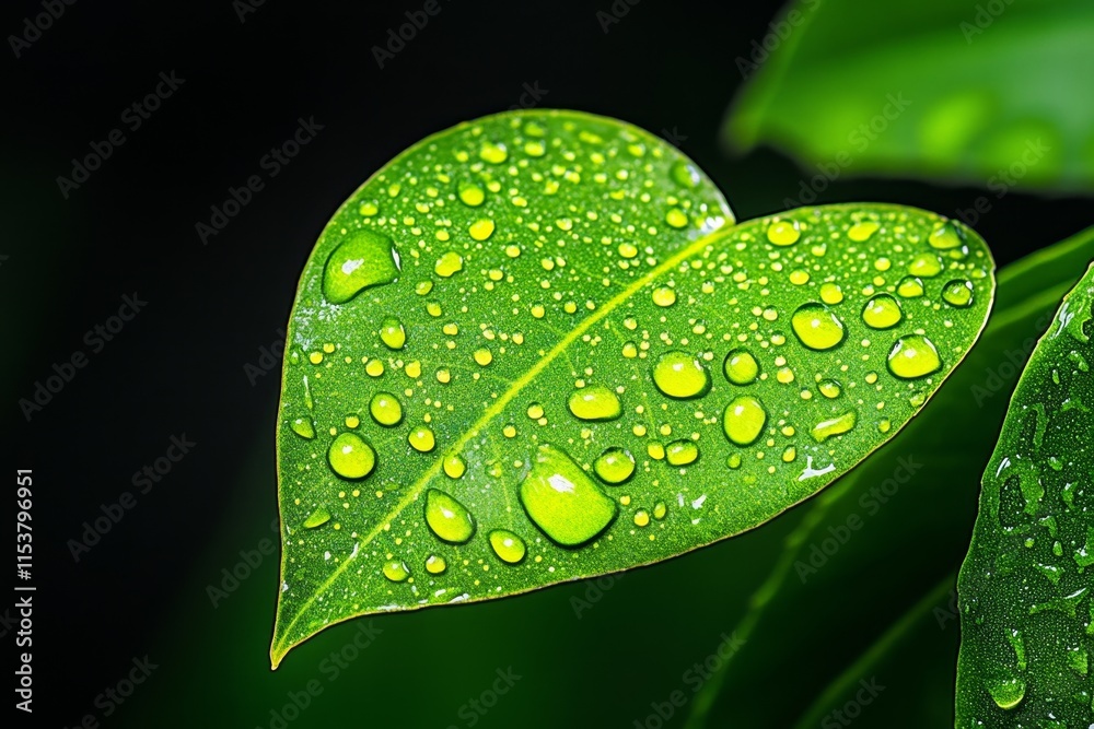 Aufkleber a close-up of dewdrops forming the shape of a heart on a delicate green leaf during early morning li