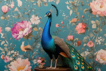 Hand-drawn and hand-painted ornamental wallpaper with colorful peacocks, birds, and detailed floral botanical designs for a retro vibe. 