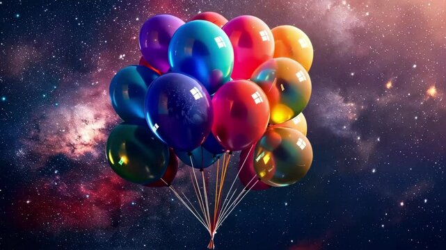 Bunch of colorful balloons against a cosmic backdrop with stars, combining celebration and outer space