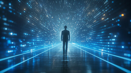 Man walking in illuminated digital corridor, depicting advanced technology.