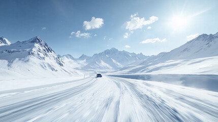 snow mountains background and snow road with tire tracks