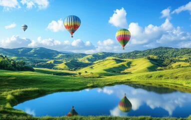 Naklejka premium A serene landscape of lush green hills and meadows with colorful hot air balloons floating in the clear blue sky above, a small pond reflecting the vibrant scene in the foreground. 