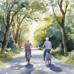 Obraz premium Gentle cycling, elderly couple on tree-lined road, peaceful surroundings, watercolor style