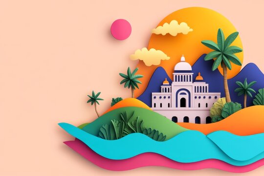 A colorful flat design of major historical landmarks: pyramids, the Great Wall, and Roman ruins, all combined in one scene