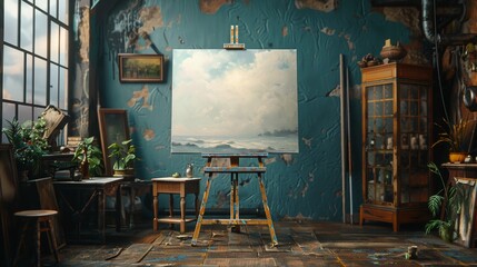 The room is filled with various art supplies and furniture, including a desk