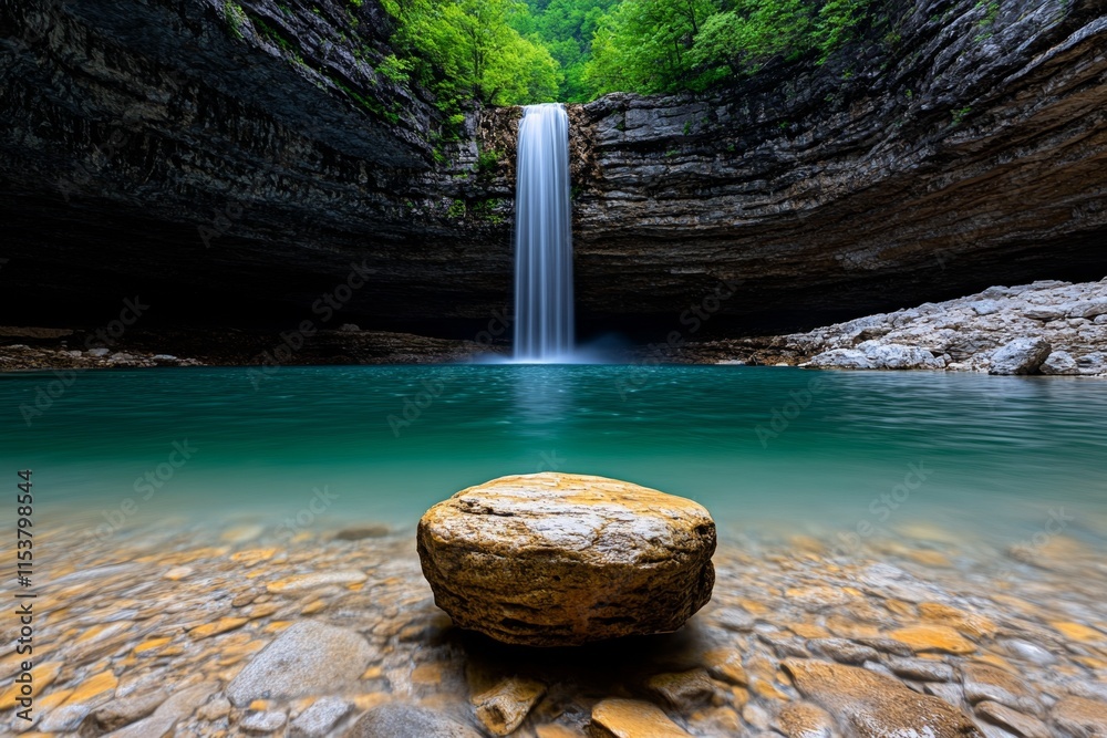 Poster A crystal-clear HDR image of a waterfall cascading into a turquoise pool, with mist rising and light filtering through the trees
