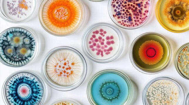 A collection of colorful petri dishes with different types and sizes, each containing unique microorganisms or patterns
