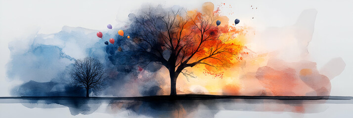 Fototapeta premium Dual Tree Watercolor, Balloons Drift Across Autumnal and Winter Skies, Reflecting on Tranquil Waters.