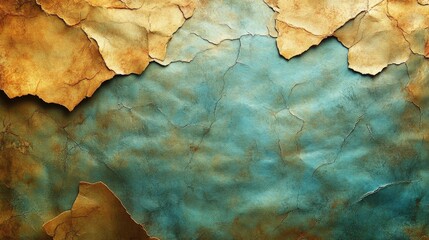 Abstract textured background with cracked, aged paper in teal and gold tones.