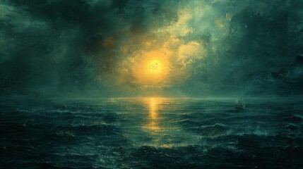 Obraz premium A painting of a stormy sea with a bright yellow sun in the middle