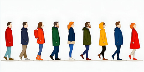 Obraz premium People Walking in a Line, Wearing Colorful Coats, and Outdoors
