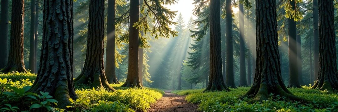 Towering spruce tree trunks rise from the forest floor, pine, trees, nature