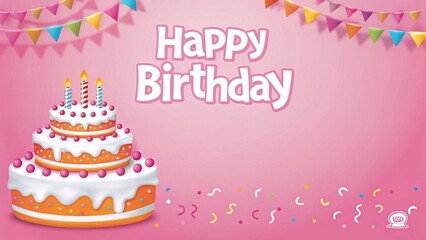 Happy birthday cake vector background design. Birthday greeting text with cake, candle, party hat, pennants and whistle decoration elements in pink background. Vector illustration invitation card
