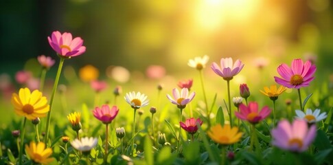 Obraz premium Sunlight filtering through petals of wildflowers in a lush meadow, blooms, natural
