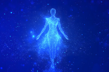 Fototapeta premium Futuristic Woman Silhouette with Glowing Particles and Digital Network Dress – Abstract Technology Concept