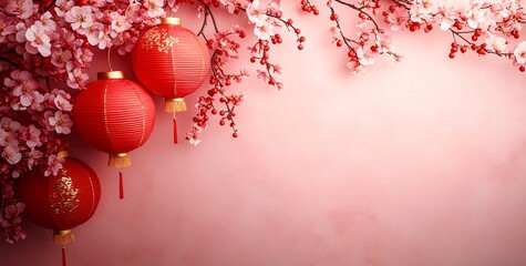 Obraz premium Vibrant red lanterns and cherry blossoms create a serene, festive atmosphere ideal for Chinese New Year, cultural celebrations, and joyful events with ample design space.