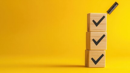 Task completion process with consecutive check mark symbols, stepwise project milestones achievement, to-do list verification illustrated with wooden blocks on a yellow background