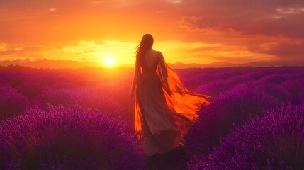 Young woman strolls through a lavender field at sunset, her flowing dress glowing softly. The scene radiates peace, warmth, romance—ideal for travel ads or products symbolizing beauty and relaxation.
