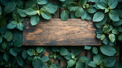 Rustic Wooden Sign Framed by Lush Greenery, Nature's beauty enhances a weathered wood plank, creating a serene and inviting scene.