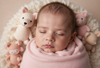 Adorable Newborn Baby Sleeping Peacefully in a Cozy Blanket with Plush Toys