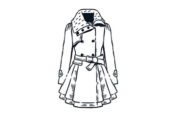 Woman slim jacket coat for winter dress fashion, hand drawn line sketch vector illustration